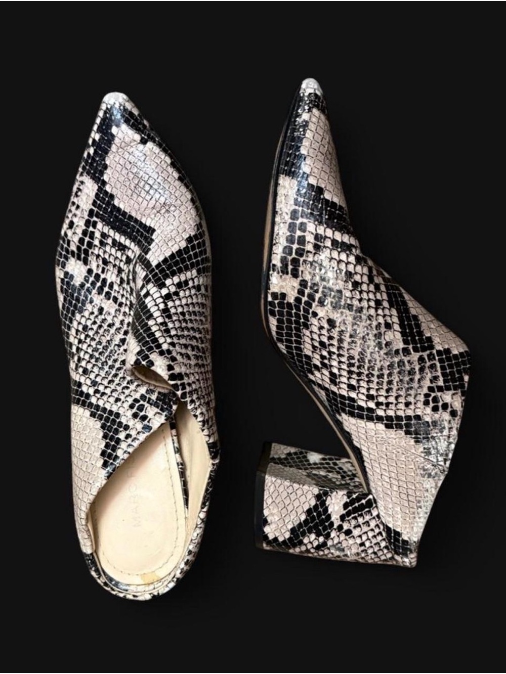 Marc Fisher Snake-Print Pointed Mule Heels in Black & Cream
